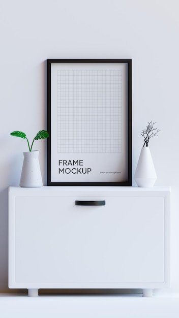 Maqueta de marco de fotos PSD en mesa con adorno estético de ramita y planta Pared blanca de sala de estar