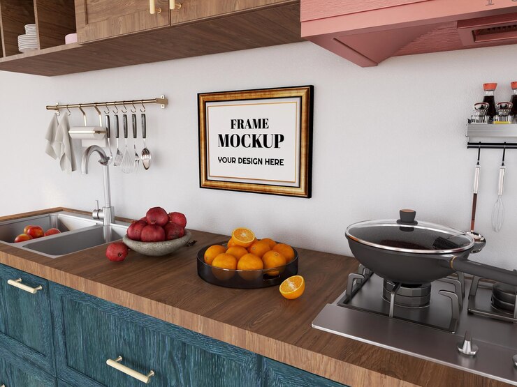 Maqueta de marco de fotos realista en la cocina moderna