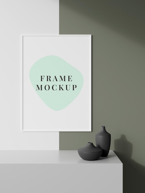 Maqueta de marco de imagen en una mesa de aparador con jarrón
