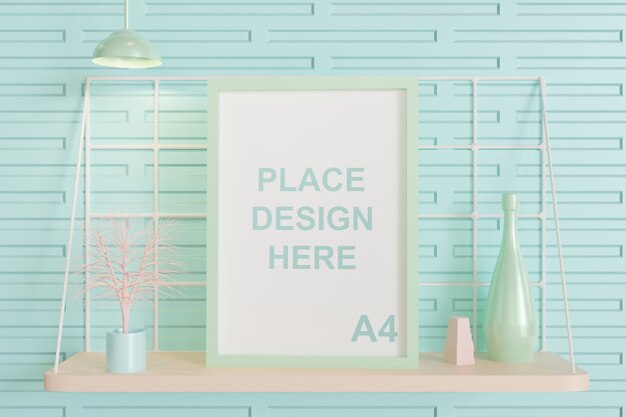 maqueta de marco en la mesa de la pared, color pastel renderizado en 3D