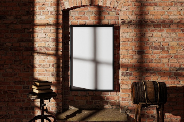 PSD maqueta de marco negro en pared de ladrillo con sombra de ventana en interior de loft