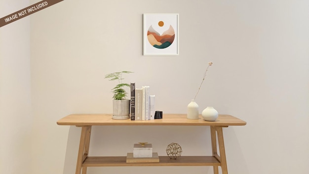 Maqueta de marco de pared interior de sala de estar con escritorio decorado