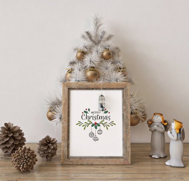 Maqueta de marco de póster con árbol de Navidad blanco y decoración