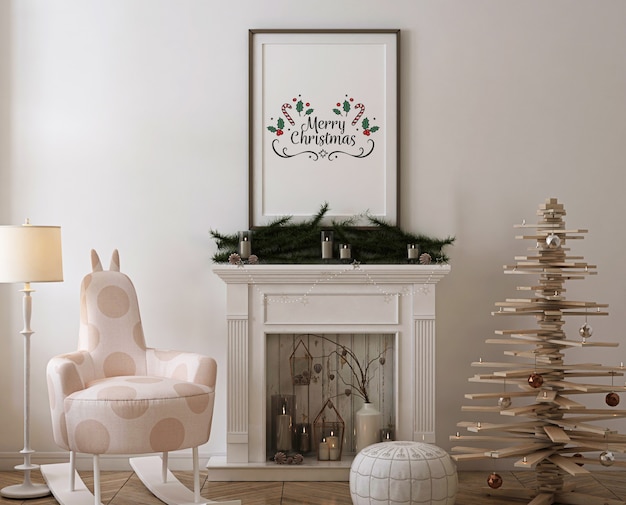 PSD maqueta de marco de póster con árbol de navidad de madera, decoración y regalos