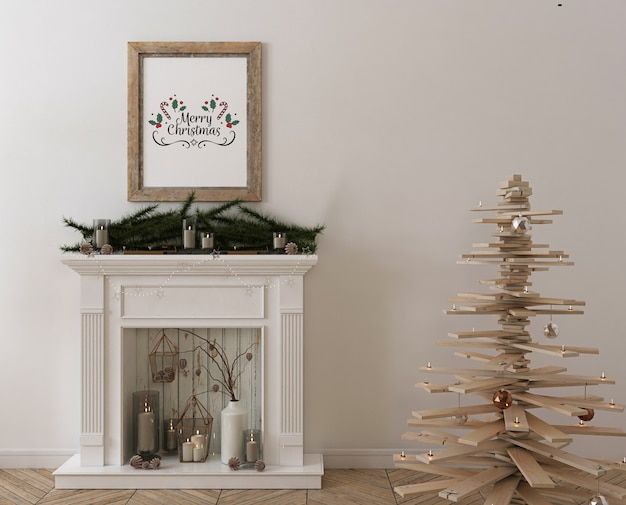 Maqueta de marco de póster con árbol de Navidad de madera, decoración y regalos