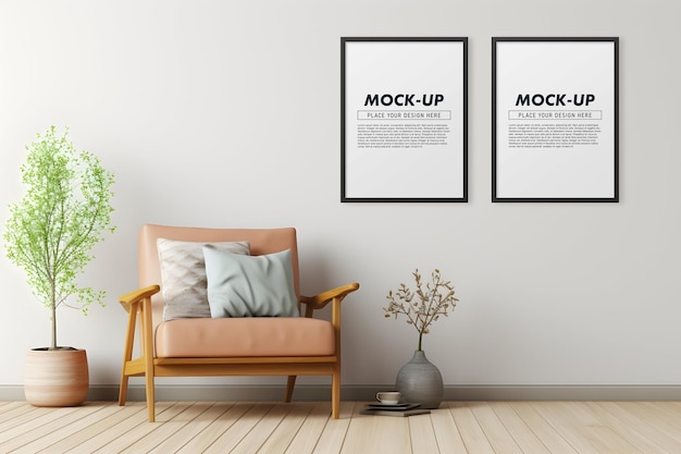 Maqueta de marco de póster con decoración interior del hogar