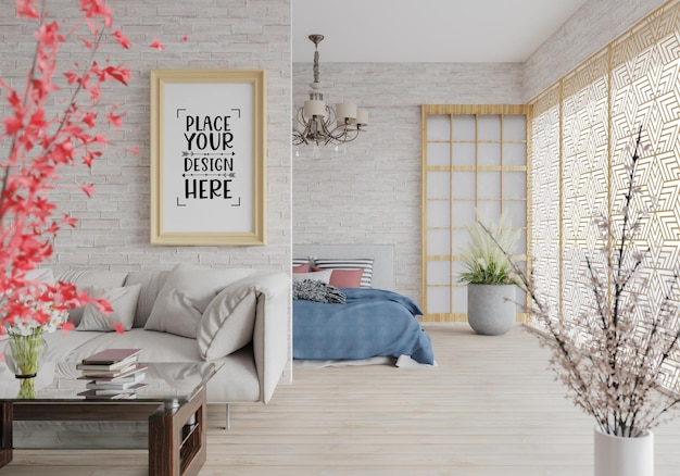 Maqueta de marco de póster en un dormitorio