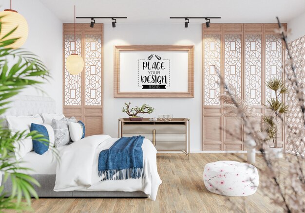 Maqueta de marco de póster en un dormitorio