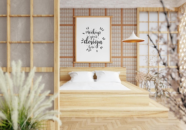 Maqueta de marco de póster en un dormitorio