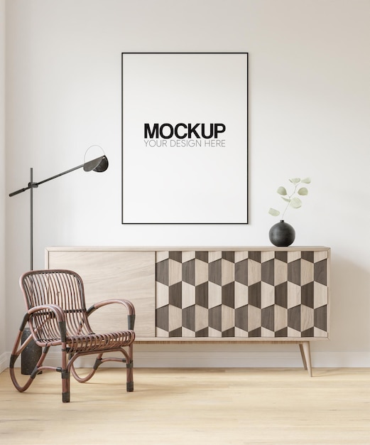 PSD maqueta de marco de póster interior con decoración de muebles modernos ilustración 3d render 3d