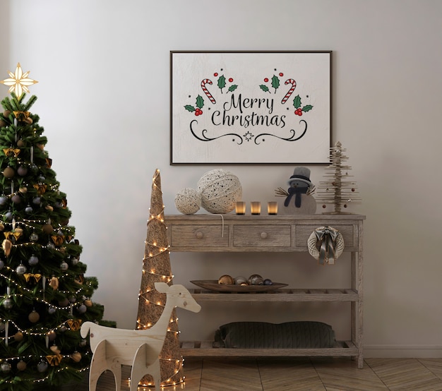 Maqueta de marco de póster en interior vintage con árbol de navidad y decoración