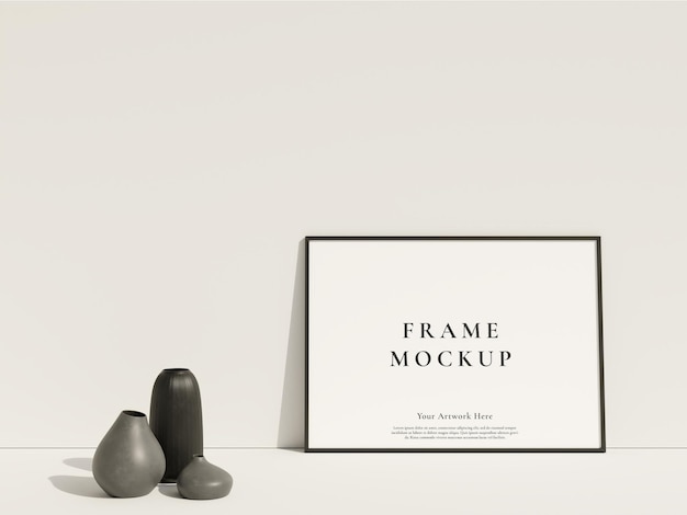 Maqueta de marco de póster o foto negra horizontal de vista frontal limpia y minimalista apoyada contra la pared con renderizado 3d de jarrón