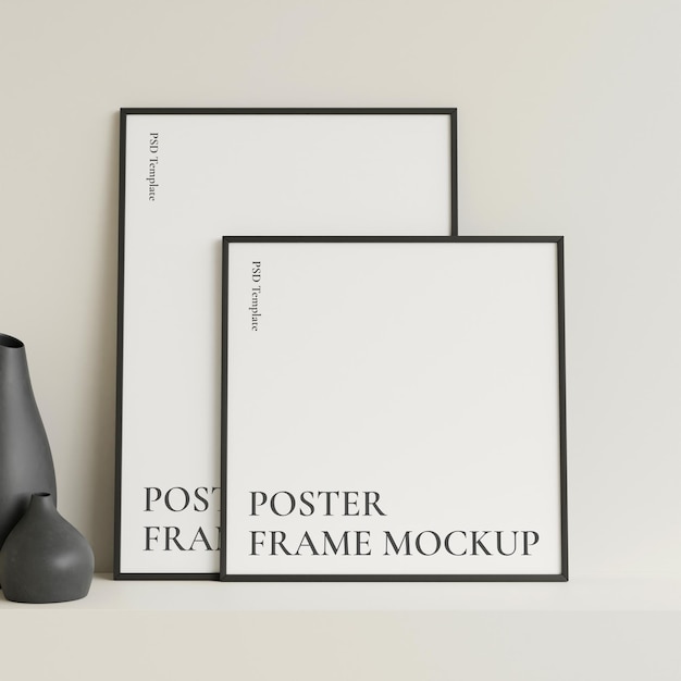 Maqueta de marco de póster o foto negra de vista frontal minimalista apoyada contra la pared en la mesa con renderizado 3d de jarrón