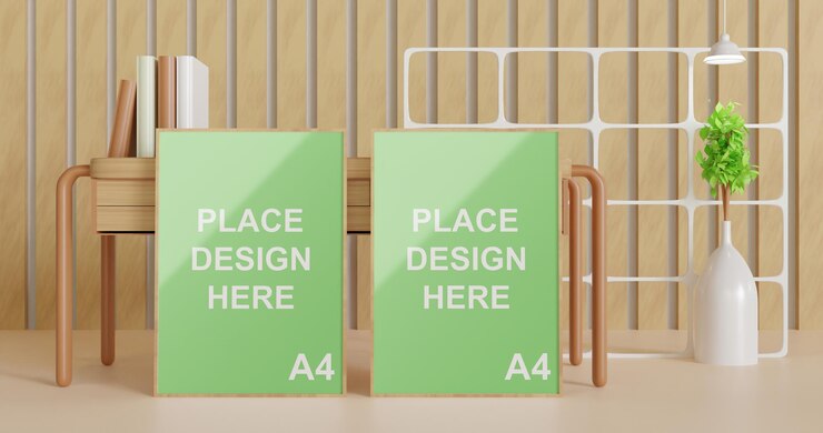 Maqueta de marco de póster de pie sobre la mesa de madera frontal