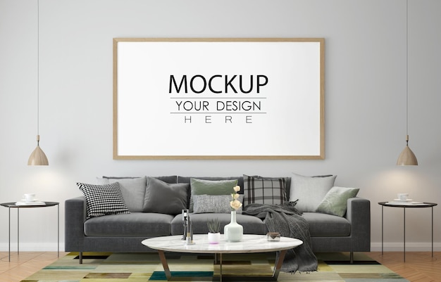 Maqueta de marco de póster en sala de estar