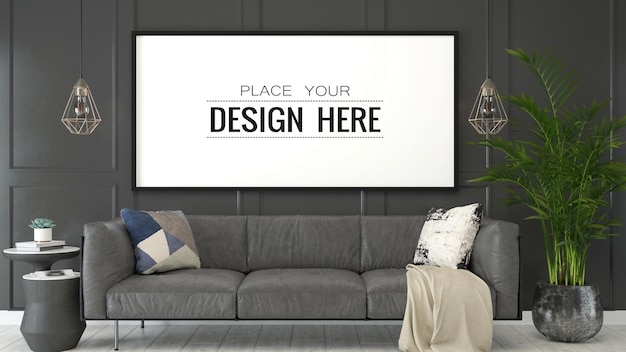 Maqueta de marco de póster en sala de estar