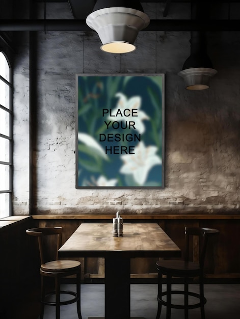 Maqueta de marco PSD en un bar imagen de pared de ladrillo bebidas diseño de fondo de mesa de bar IA generativa