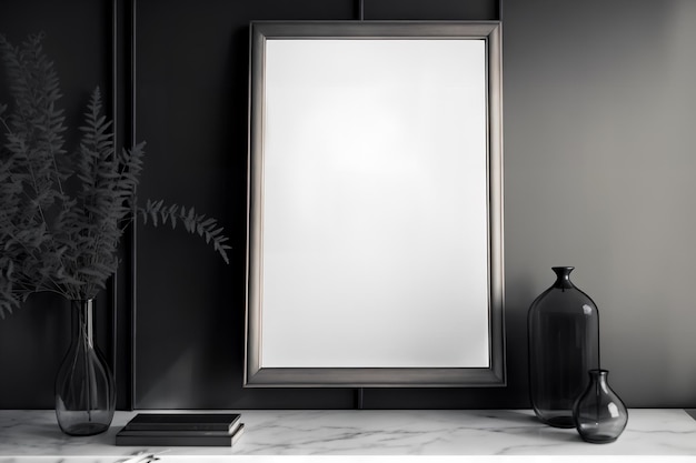 Maqueta de marco vertical en blanco en interior gótico oscuro
