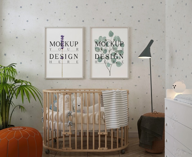 Maqueta de marcos de fotos en la habitación moderna del bebé