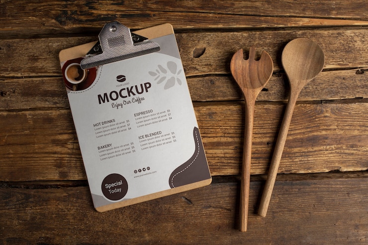 PSD maqueta de menú de cafetería con portapapeles