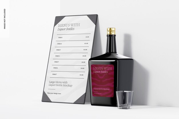 Maqueta de menú grande con botella de licor, vista derecha