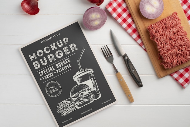 Maqueta de menú de hamburguesas con comida sabrosa