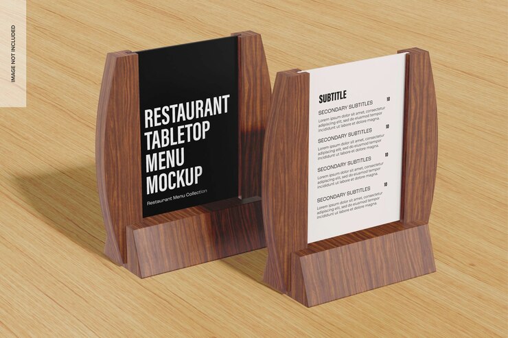 PSD maqueta de menús de mesa de restaurante, vista izquierda