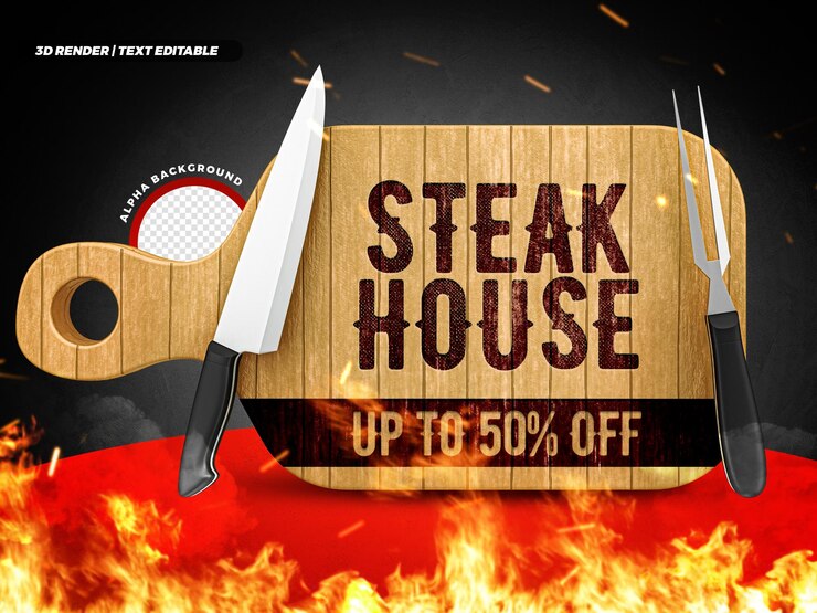 PSD maqueta de mesa de madera 3d de steak house para composición con diseño de fuego y humo