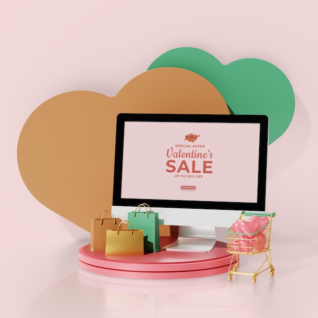 Maqueta de monitor de feliz día de San Valentín con bolsa de compras. representación 3d