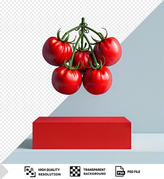 Maqueta de un montón de tomates colgando por encima de un podio rojo png psd