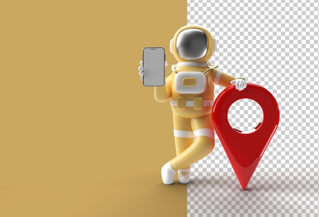 Maqueta móvil de astronauta de renderizado 3d con puntero de mapa