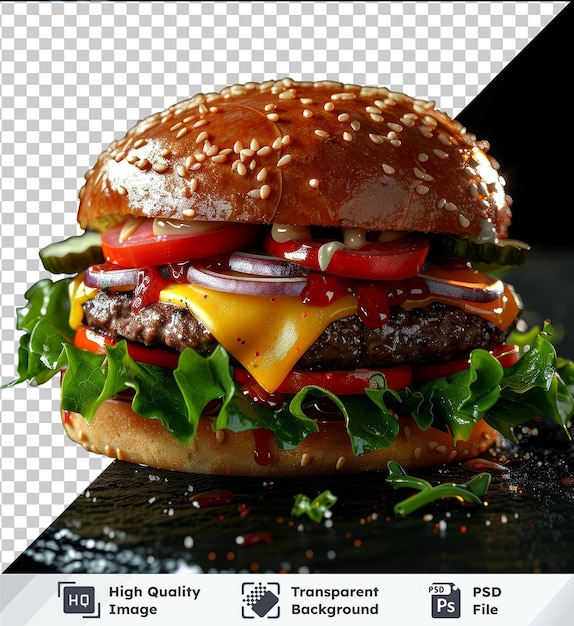 PSD maqueta de objeto transparente de una hamburguesa grande con ingredientes en una botella de vidrio de mesa negra en el fondo