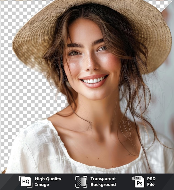 PSD maqueta de objeto transparente de una mujer sonriente con sombrero de paja y camisa blanca con ojos marrones cejas y cabello y una nariz prominente