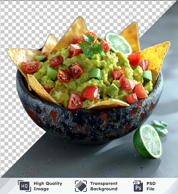 PSD maqueta de objeto transparente de un tazón de guacamole con nachos e ingredientes de aguacate y limón onitomato