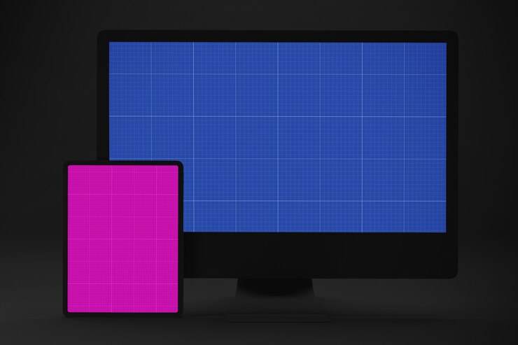 PSD maqueta oscura de computadora y tableta