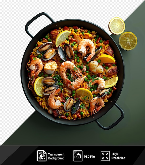 PSD maqueta de paella de mariscos con limones, camarones y limones en una sartén negra con un mango negro png