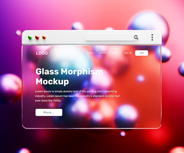 PSD maqueta de página de aterrizaje 3d con efecto de morfismo de vidrio o maqueta de presentación de interfaz web 3d