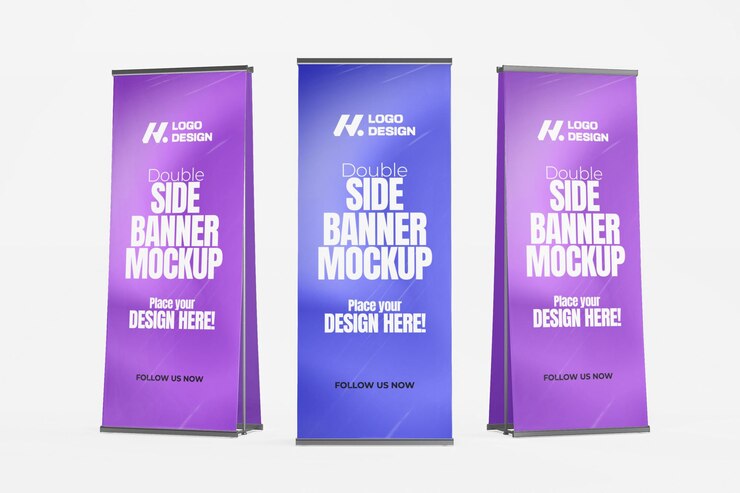 Maqueta de pancarta de dos caras renderizada en 3D para publicidad y exhibición