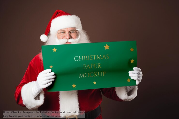 PSD maqueta de pancarta navideña en las manos de papá noel