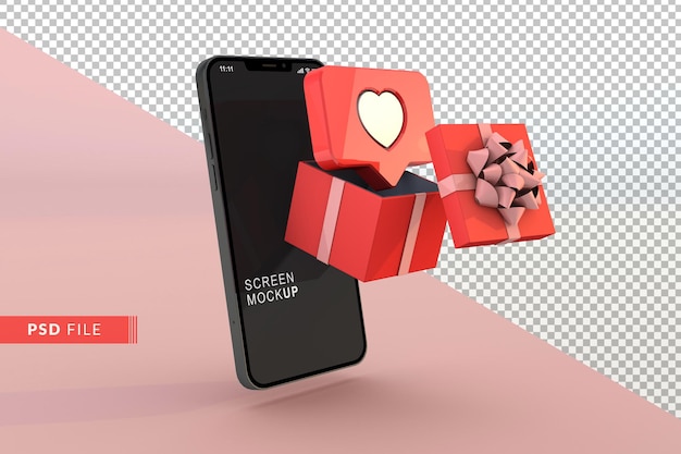 Maqueta de pantalla con caja de regalo y notificación de icono de amor