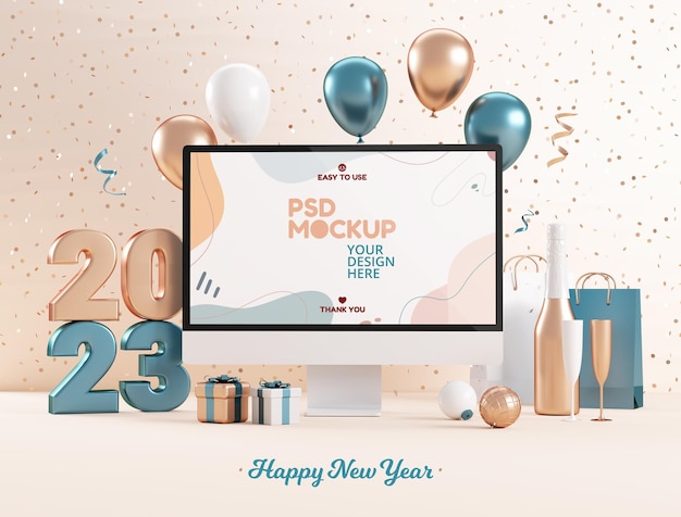Maqueta de pantalla de computadora de año nuevo 2023 con cosas festivas y números metálicos en ilustración 3D