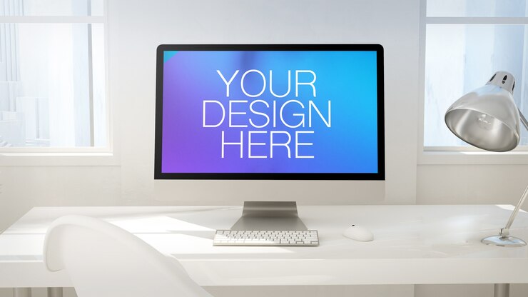 Maqueta de pantalla de computadora en escritorio mínimo