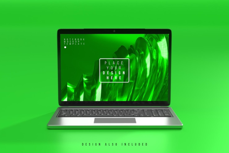 PSD maqueta de pantalla de computadora portátil sobre suelo verde plano con escenario de presentación de producto de fondo