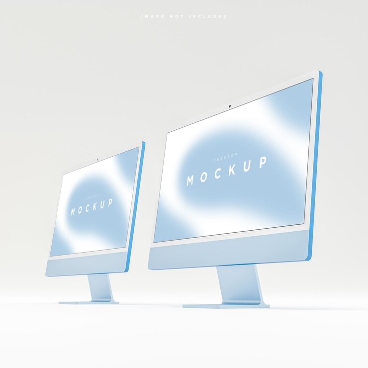 Maqueta de pantalla de escritorio de computadora dual moderna azul para presentación 3d render