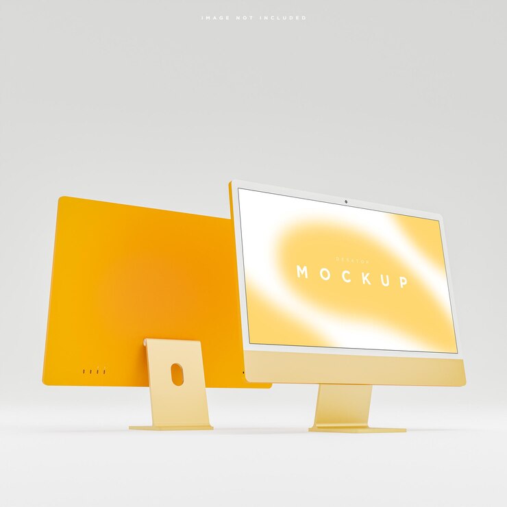 Maqueta de pantalla de escritorio de computadora moderna amarilla para presentación 3d render
