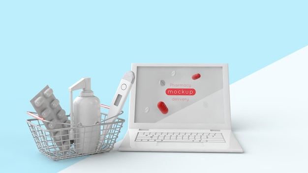 PSD maqueta de la pantalla del monitor de una computadora portátil y un carrito de compras con productos sépticos: píldoras, aerosol y termómetro. ilustración 3d