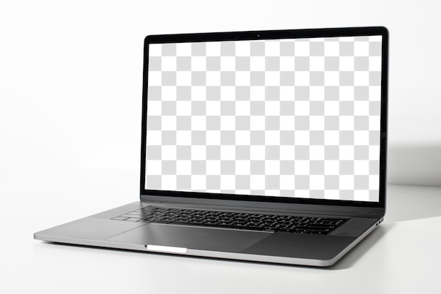 Maqueta de pantalla png de una computadora portátil en una mesa blanca
