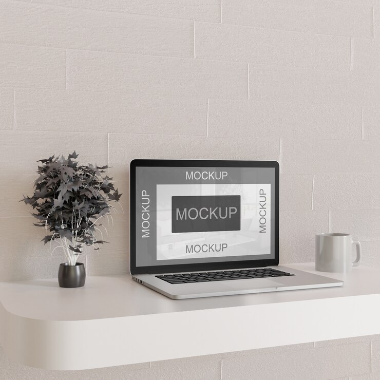 PSD maqueta de pantalla portátil en el escritorio de pared blanca con negro decorativo
