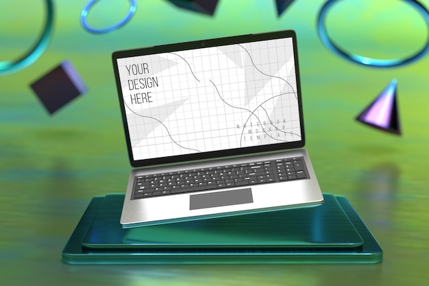 Maqueta de pantalla de portátil sobre pedestal cuadrado con fondo de formas geométricas 3d