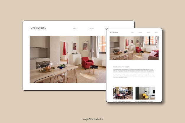 Maqueta de pantalla de sitio web minimalista y moderna en tableta de escritorio y pantalla de teléfono